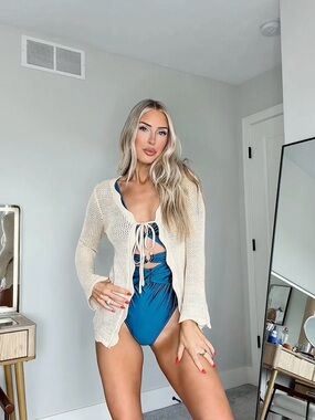 Cream Knit Tie-Front Swim Coverup